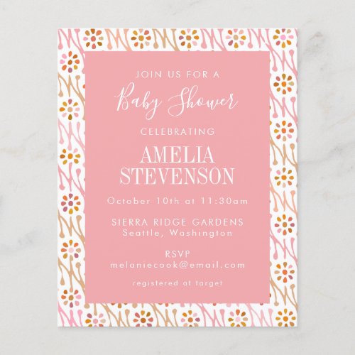 Budget Boho Floral Rose Pink Baby Shower Invite