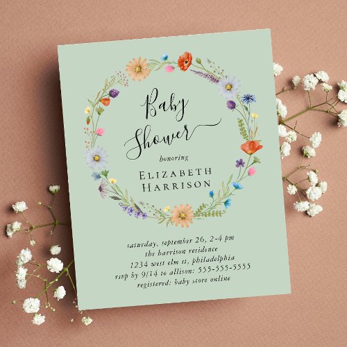 Budget Boho Floral Sage Baby Shower Invitation