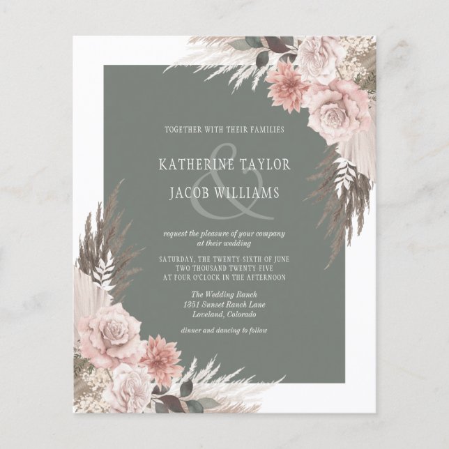 Budget Boho Floral Sage Green Wedding Invitation (Front)