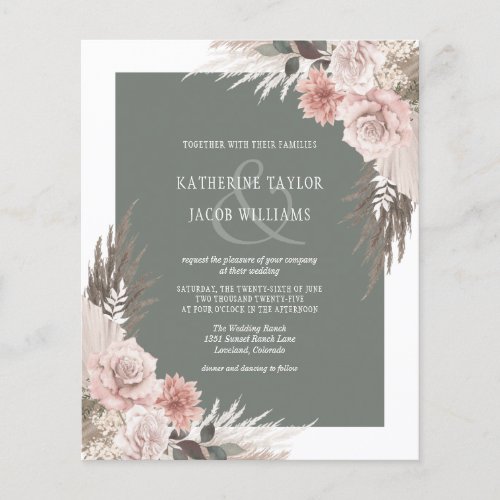 Budget Boho Floral Sage Green Wedding Invitation