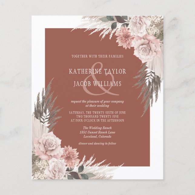Budget Boho Floral Terracotta Wedding Invitation (Front)