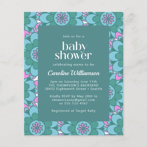 Budget Boho Flower Groovy Green Baby Shower Invite