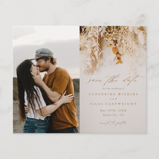 Budget Boho Flowers Photo Wedding Save The Date (Front)