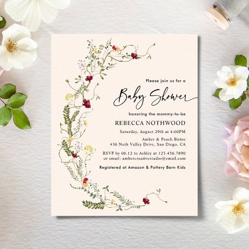 Budget Boho Girl Wildflower Baby Shower Invitation