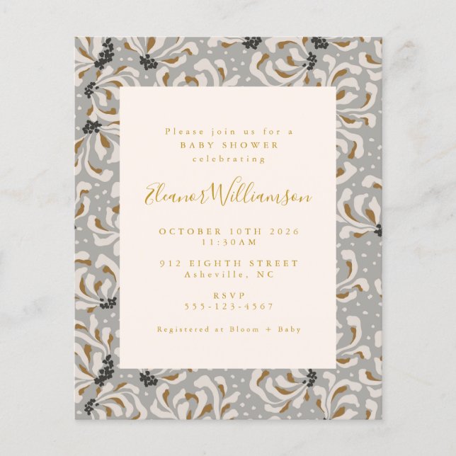 Budget Boho Gray Gold Floral Baby Shower (Front)