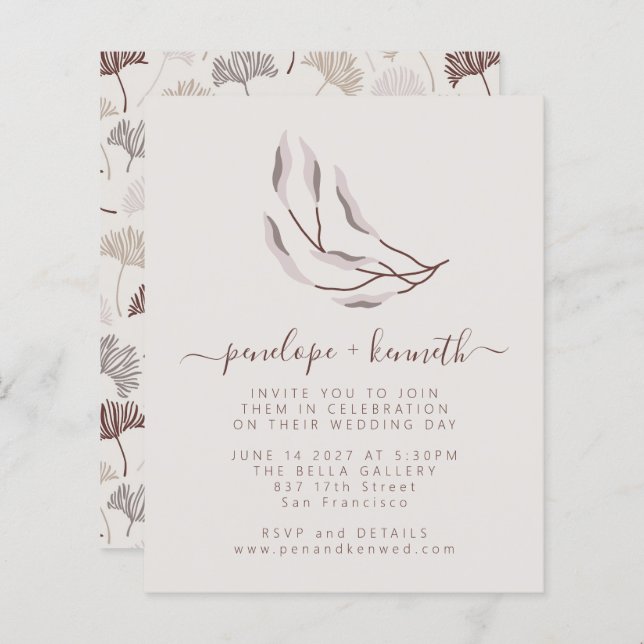Budget Boho Nature Neutral Botanic Wedding Invite (Front/Back)