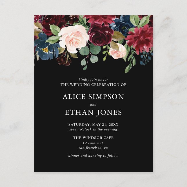 Budget Boho Navy Blue Burgundy Floral Wedding Invitation Postcard (Front)