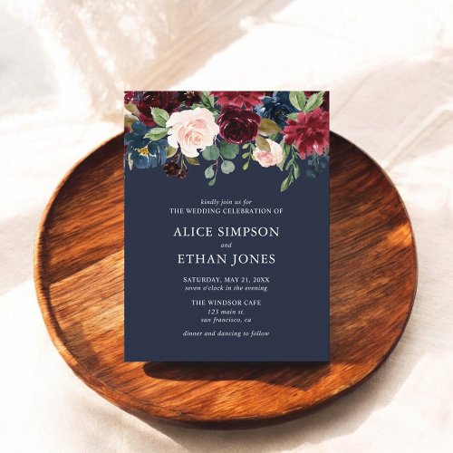 Budget Boho Navy Blue Burgundy Floral Wedding Invitation Postcard