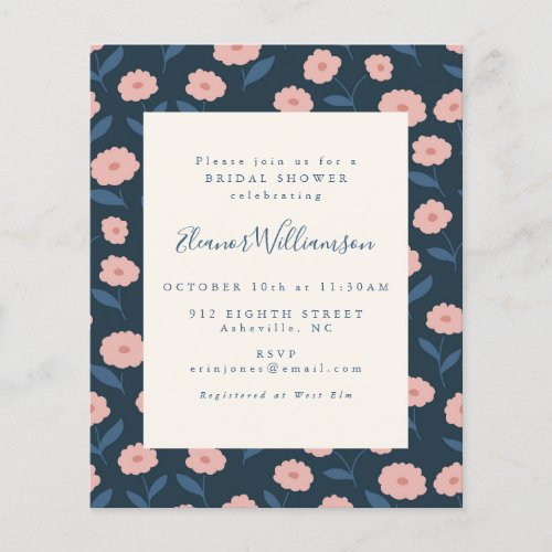 Budget Boho Navy Flowers Bridal Shower Invite