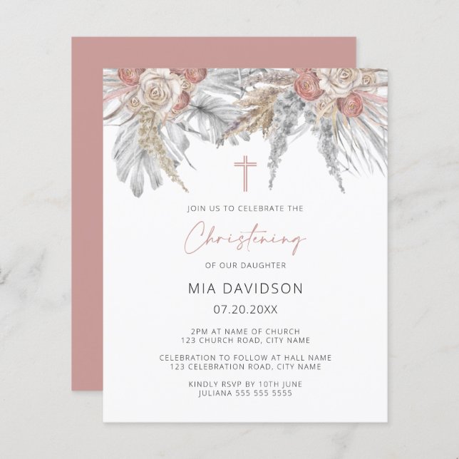 Budget Boho Palm Pink Pampas Christening Invite (Front/Back)