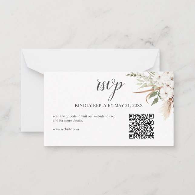  Budget Boho Pampa Grass Greenery Wedding RSVP Not Note Card (Front)