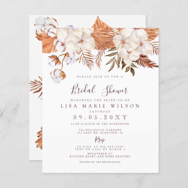 Budget Boho Pampas Bridal Shower Invitation (Front/Back)