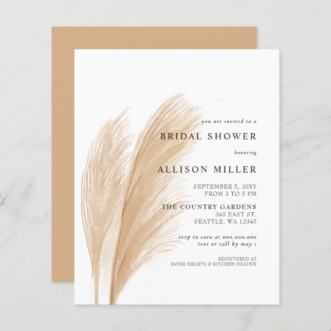 Budget Boho Pampas Bridal Shower Invitation (Front/Back)