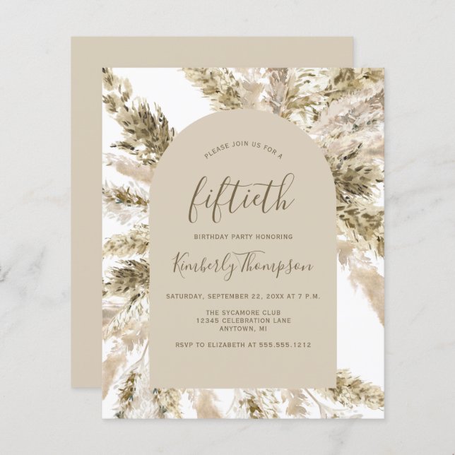 Budget Boho Pampas Grass Arch 50th Birthday Invite (Front/Back)