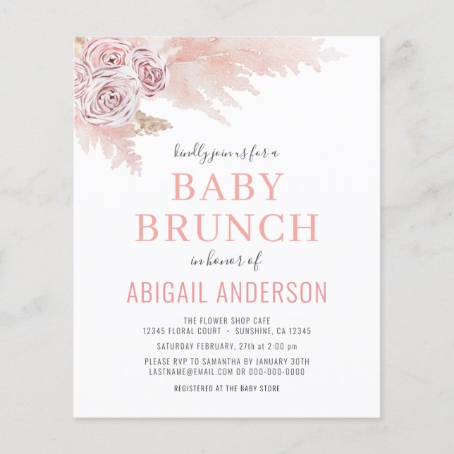 Budget Boho Pampas Grass Baby Brunch Invitation Flyer (Front)