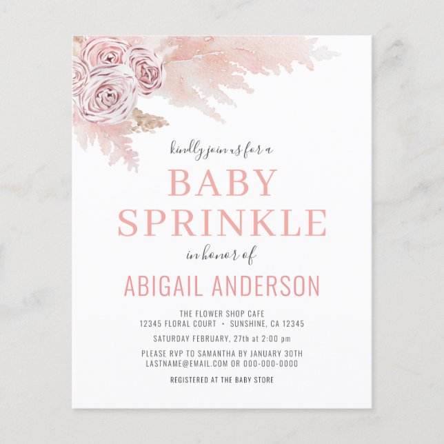 Budget Boho Pampas Grass Baby Sprinkle Invitation Flyer (Front)