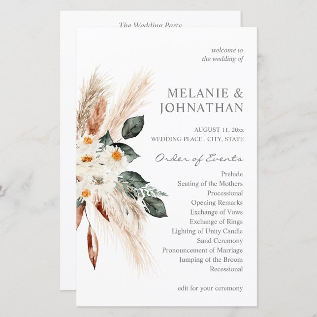 Budget Boho Pampas Grass Beige Wedding Program MED (Front/Back)