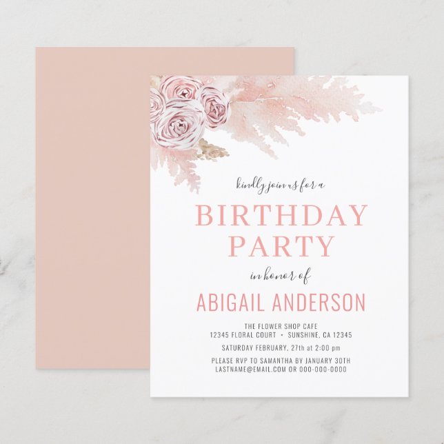 Budget Boho Pampas Grass Birthday Party Invitation (Front/Back)