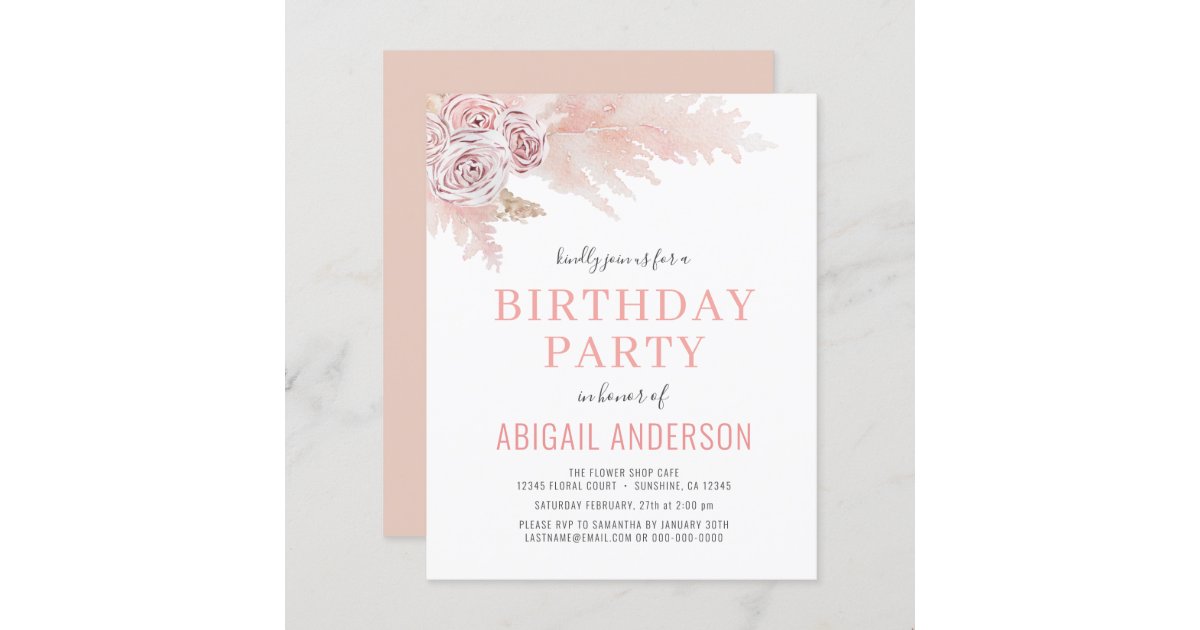 Budget Boho Pampas Grass Birthday Party Invitation | Zazzle