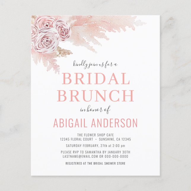 Budget Boho Pampas Grass Bridal Brunch Invitation Flyer (Front)