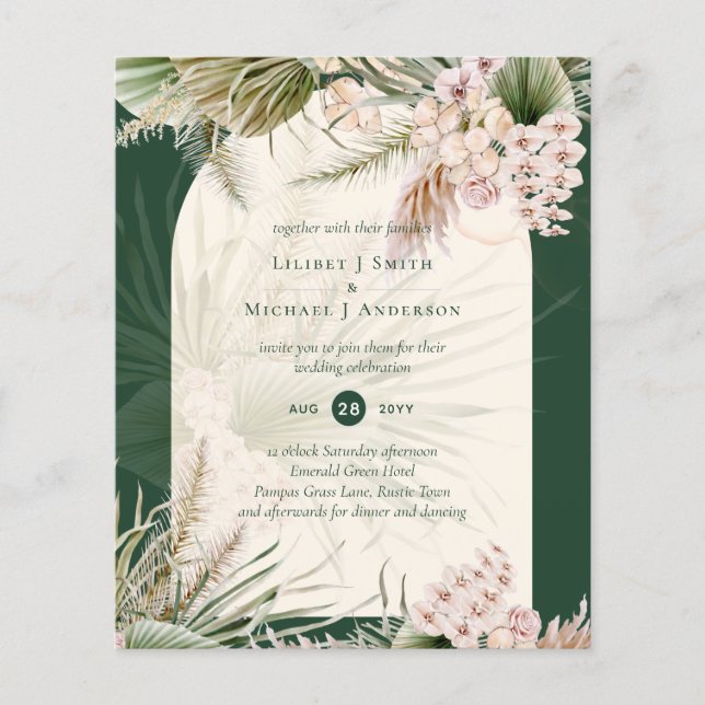 BUDGET BOHO Pampas Grass Green Wedding MATTE Flyer (Front)