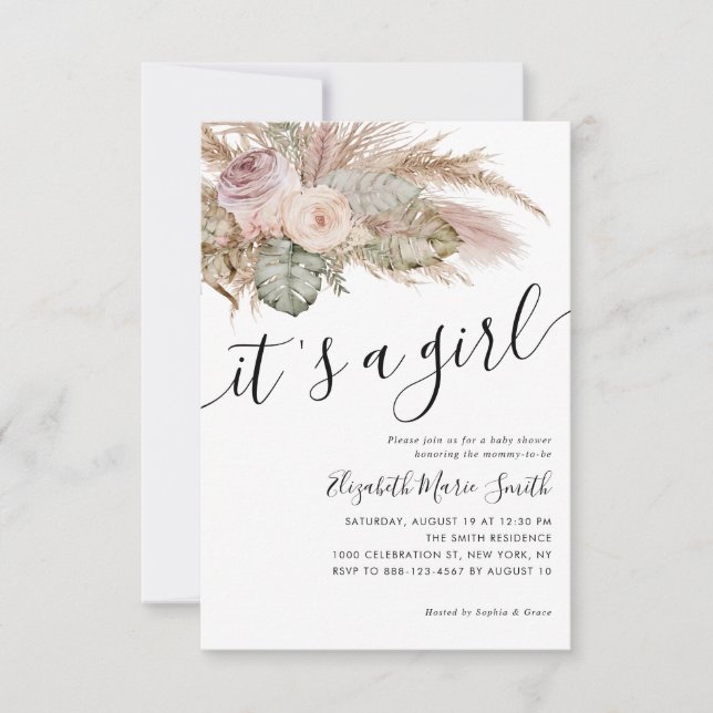 Budget Boho Pampas Grass It's A Girl Baby Shower Note Card (Front)
