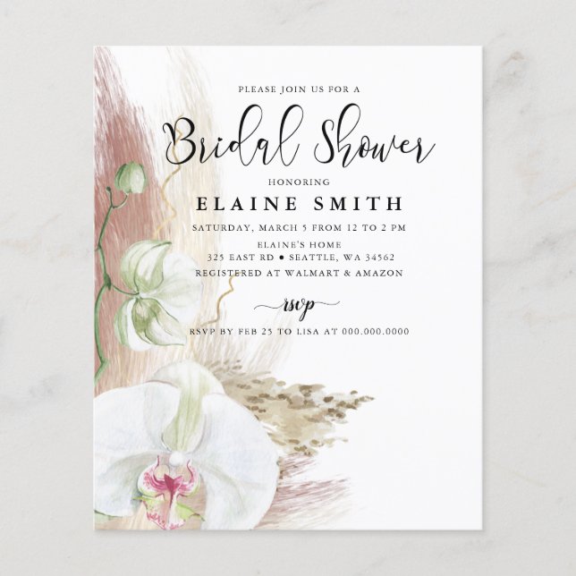 Budget Boho Pampas Orchid Bridal Shower Invitation (Front)
