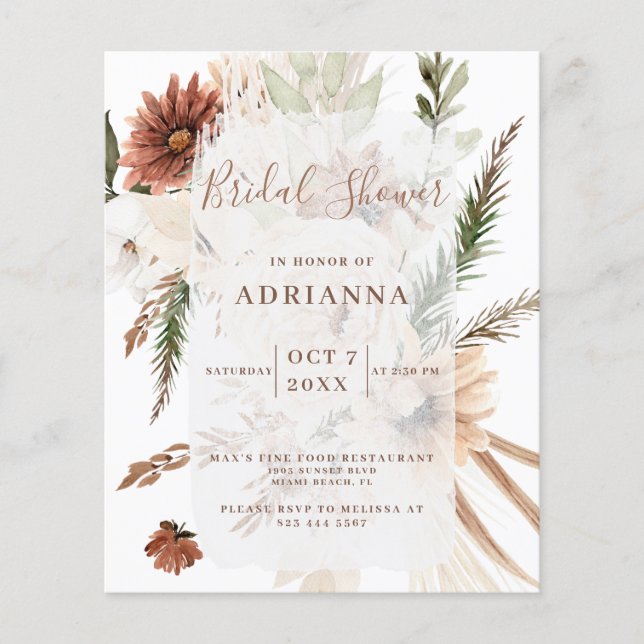 Budget Boho Pampas Wedding Bridal Shower Invite (Front)