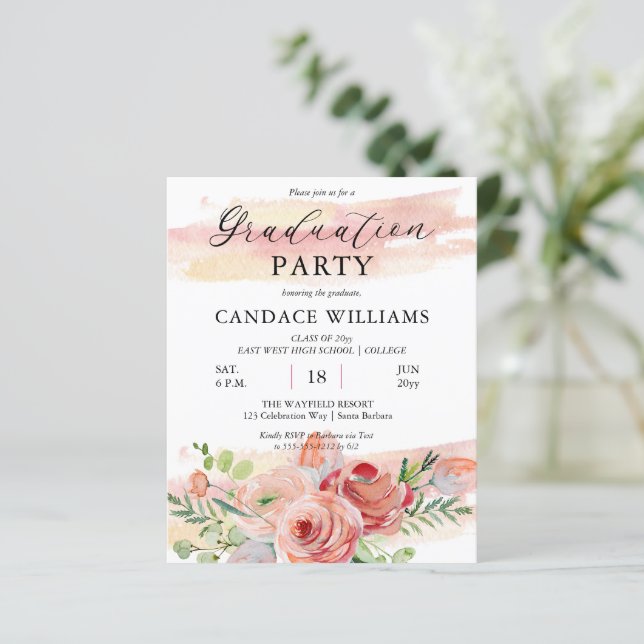 BUDGET Boho Peach Floral Grad Party Invitation (Standing Front)