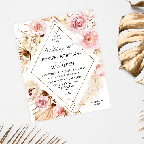 Budget Boho Pink  Beige Floral Gold Wedding Flyer