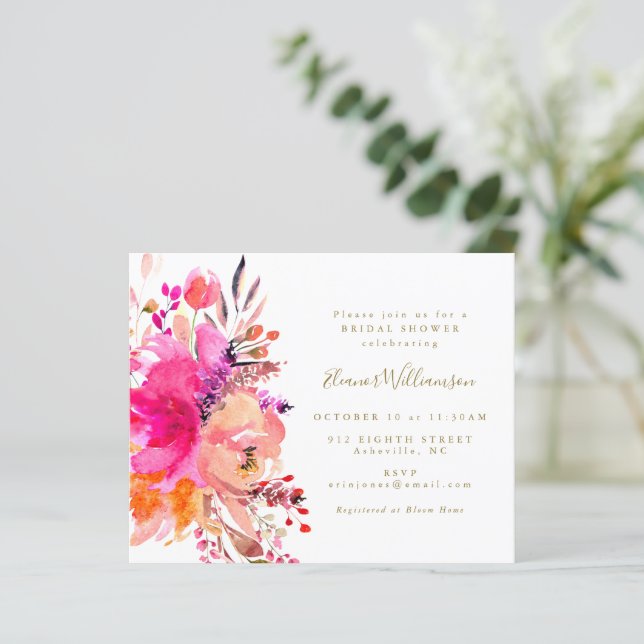 Budget Boho Pink Floral Bridal Shower Invitation (Standing Front)