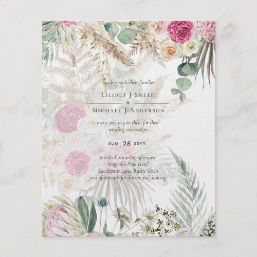 BUDGET BOHO Pink Floral PampasGrass Wedding Invite Flyer