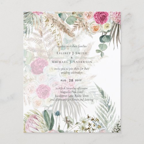 BUDGET BOHO Pink Floral PampasGrass Wedding Invite Flyer
