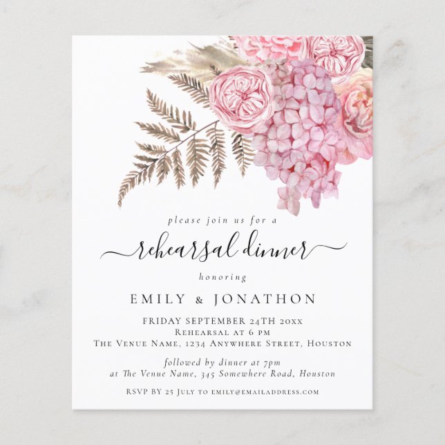Budget Boho Pink Florals Rehearsal Dinner Invite (Front)