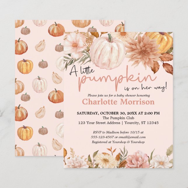 Budget Boho Pink Pumpkin Girl Baby Shower Invite (Front/Back)