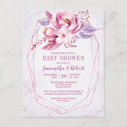 Budget Boho Rose Gold Floral Pink Baby Shower Invitation Postcard