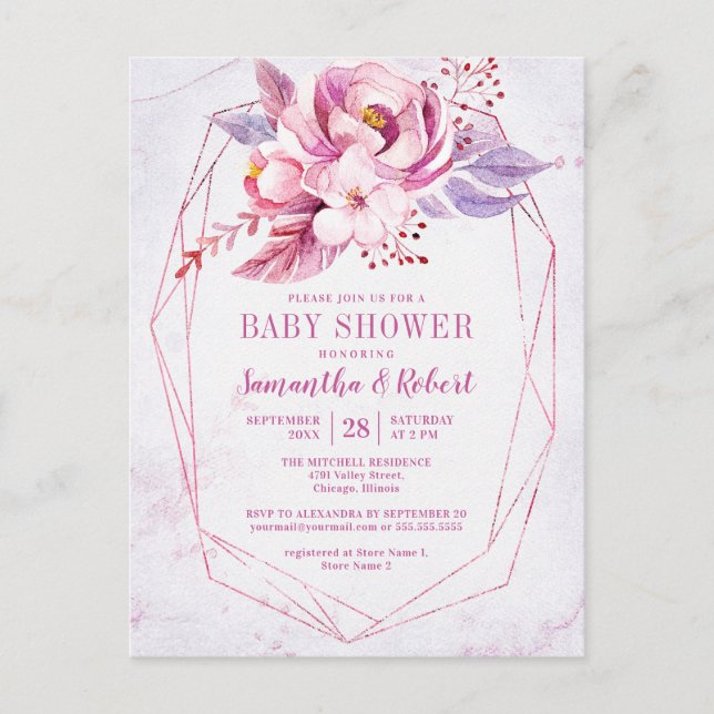 Budget Boho Rose Gold Floral Pink Baby Shower Invitation Postcard (Front)