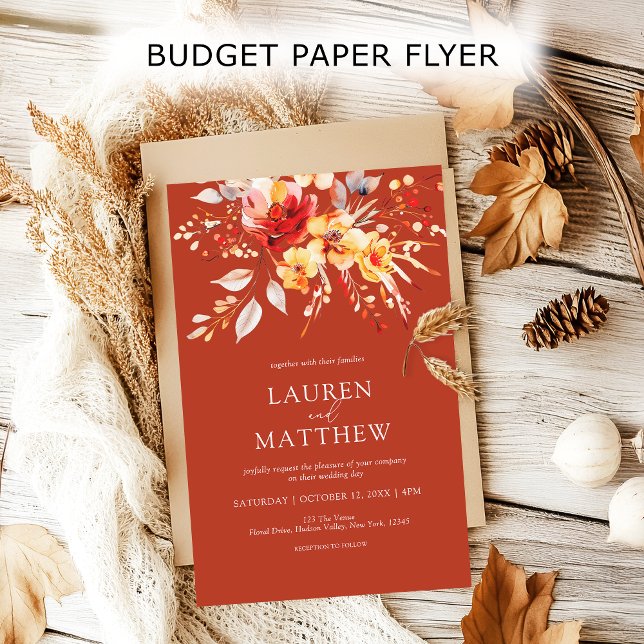 Budget Boho Rust Orange Fall Wedding Invitation Flyer (Elegant floral rust orange fall wedding budget flyer invitation. Get a professional look for less!)