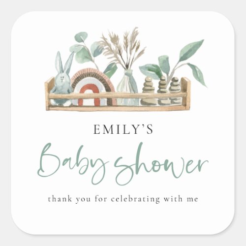 Budget Boho Shelf Toys Sage Baby Shower thank you Square Sticker