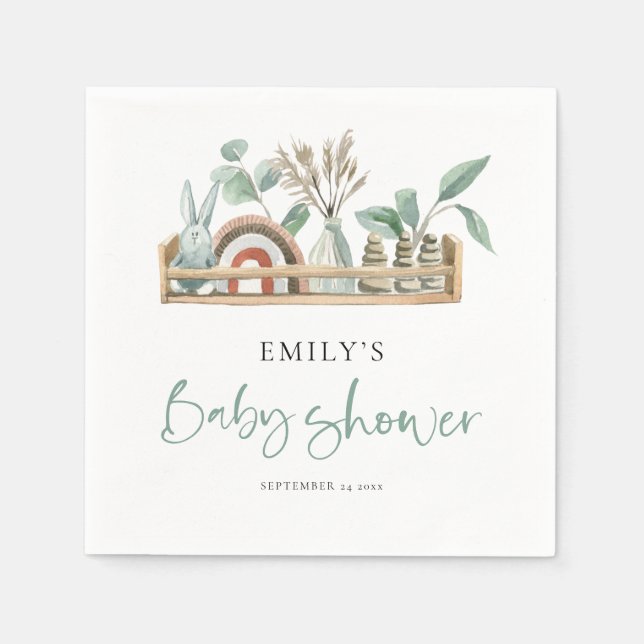 Budget Boho Shelf Toys Sage Green Baby Shower Napkins (Front)