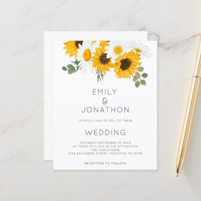 Budget Boho Sunflowers Foliage Wedding Invitation (Front/Back In Situ)