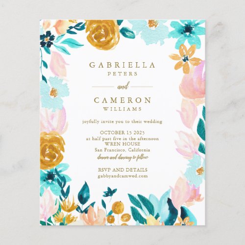 Budget Boho Teal Watercolor Floral Wedding Invite