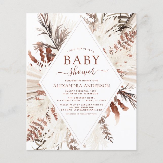 Budget Boho Terracotta Pampas Grass Baby Shower (Front)