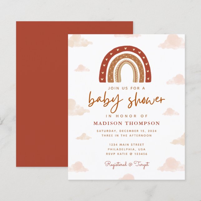 Budget Boho Terracotta Rainbow Clouds Baby Shower (Front/Back)