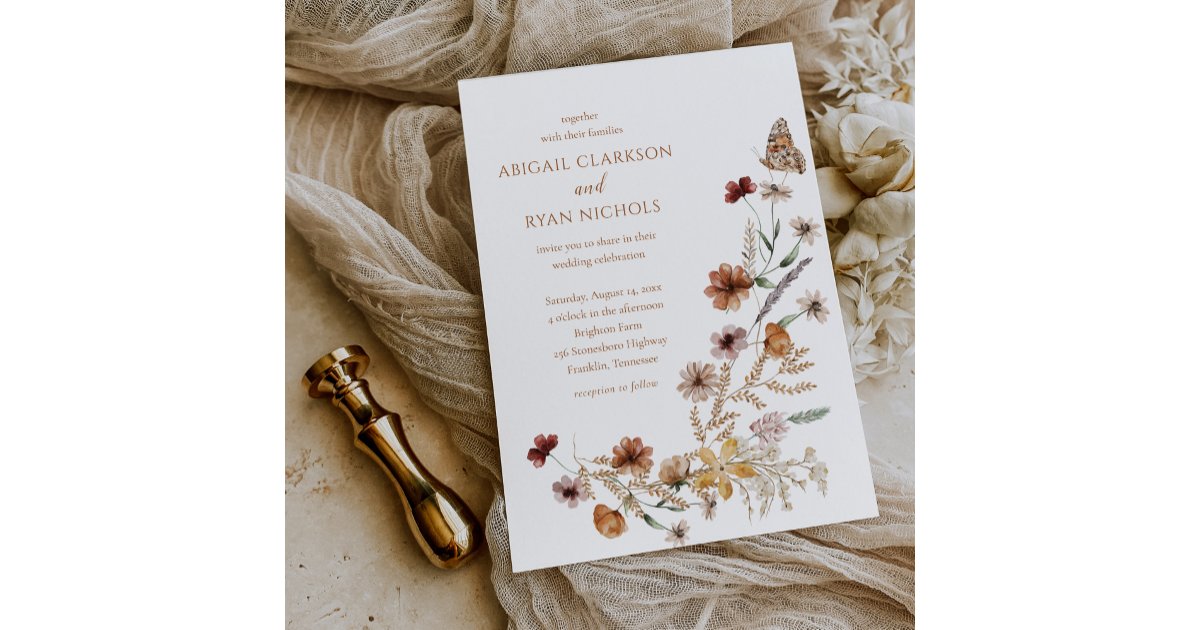 Budget Boho Wildflower Floral Butterfly Wedding Invitation