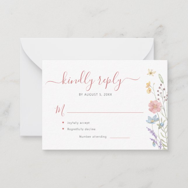 Budget boho wildflower wedding RSVP  Note Card (Front)