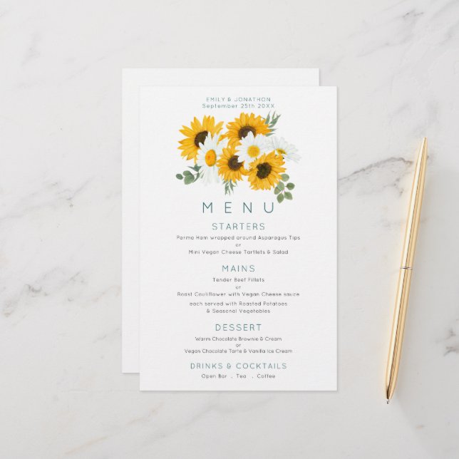 Budget Boho Wildflowers Sunflowers Wedding Menu (Front/Back In Situ)