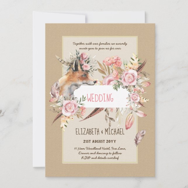 BUDGET Boho Woodland FOX Floral Wedding Modern Invitation (Front)
