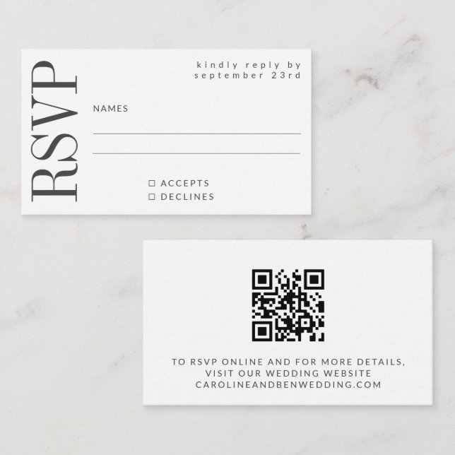 Budget Bold Black White RSVP QR Code Website  Note Card (Front/Back)