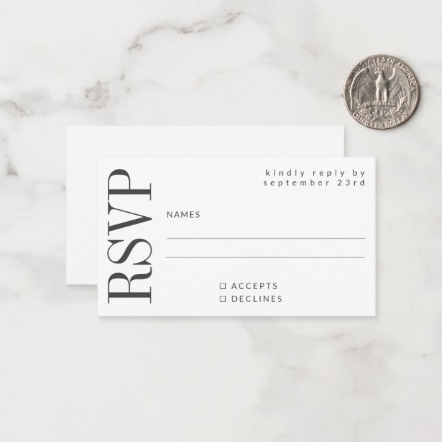 Budget Bold Modern Simple Black White RSVP Note Card (Front/Back In Situ)